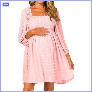Long Sleeve Maternity Dress Square Neck Swiss Dot Casual Loose Mini